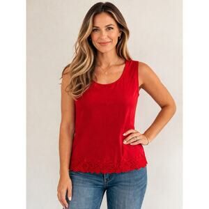Coldwater Creek Red Sleeveless Lace Hem Top Womens Large Cotton Blend